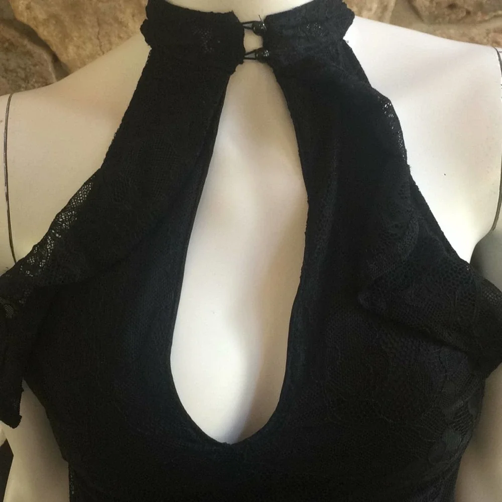 Express Off Shoulder Lace Black Dress High Neck Plunging Neck Women's Size XS - Picture 6 of 8